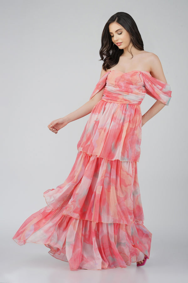 lace & beads Sydney Chiffon Maxi Dress in Coral Print