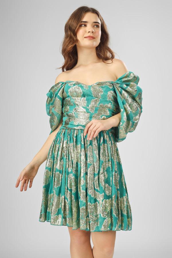 Lace & Beads Sydney Metallic Printed Mini Dress In Aqua Green