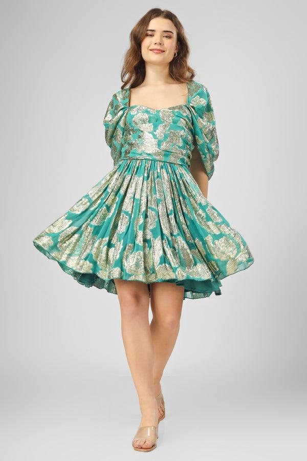 lace & beads Sydney Metallic Printed Mini Dress in Aqua Green
