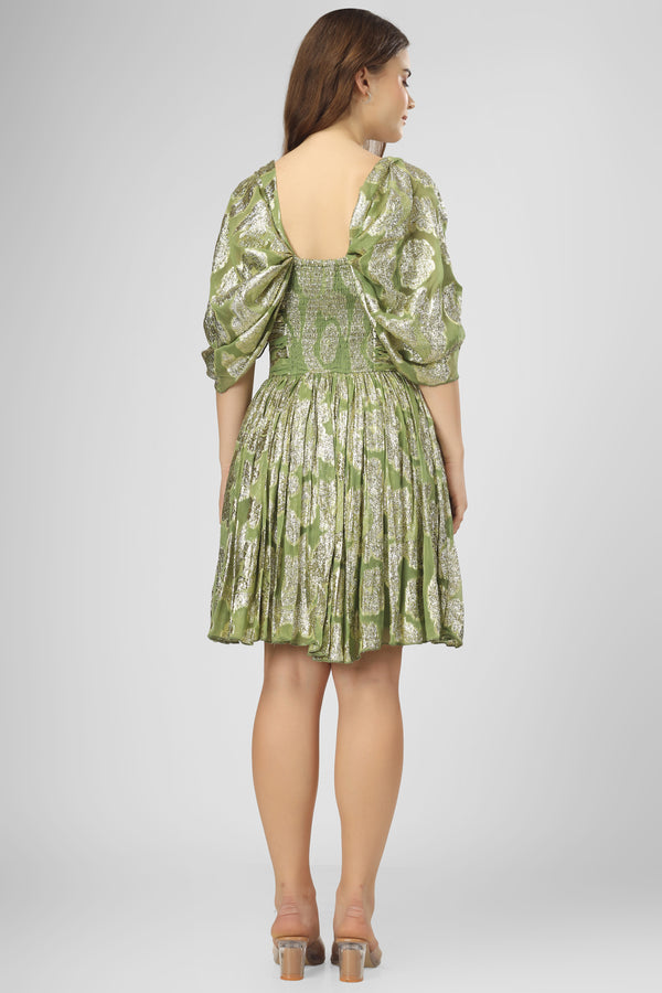 Lace & Beads Sydney Metallic Printed Mini Dress In Olive Green