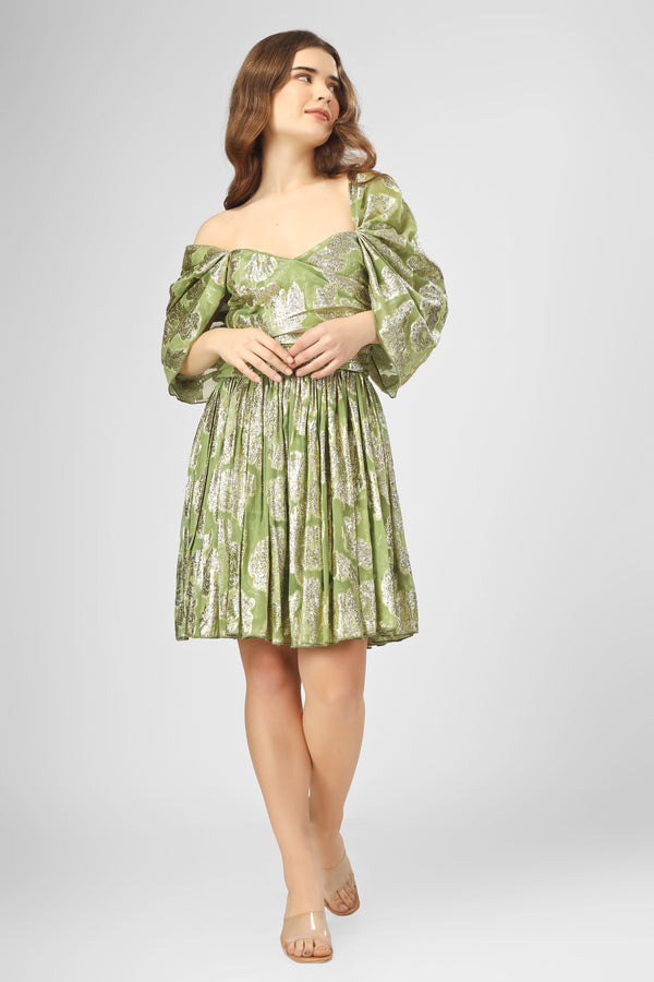 Lace & Beads Sydney Metallic Printed Mini Dress In Olive Green