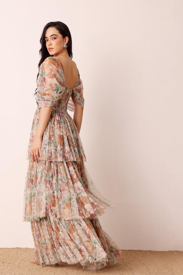 Lace & Beads Sydney Off Shoulder Tulle Maxi Dress In Brown Floral