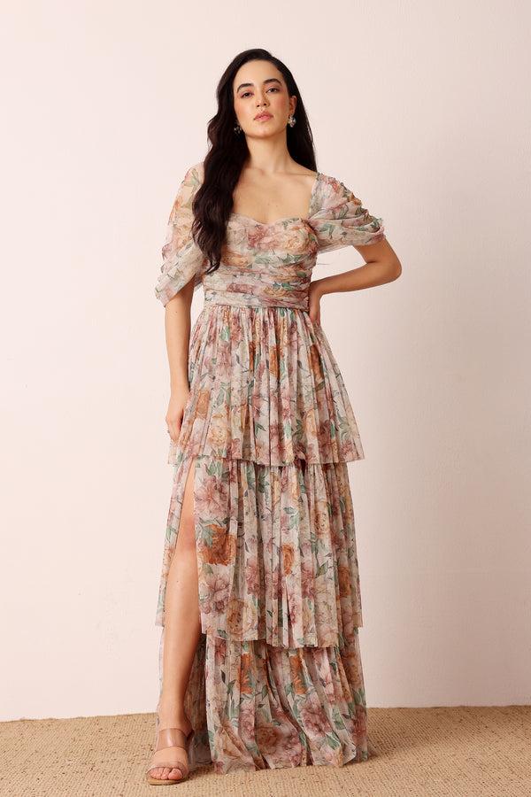 Lace & Beads Sydney Off Shoulder Tulle Maxi Dress In Brown Floral