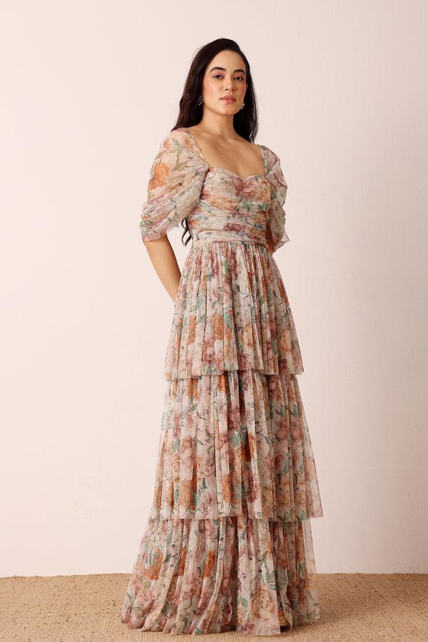 lace & beads Sydney Off Shoulder Tulle Maxi Dress in Brown Floral