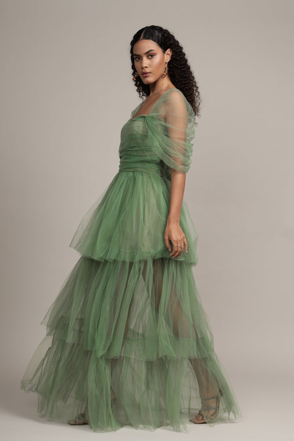 Lace & Beads Sydney Off Shoulder Tulle Maxi Dress In Dark Sage