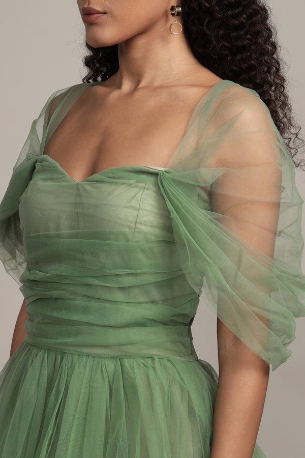 Lace & Beads Sydney Off Shoulder Tulle Maxi Dress In Dark Sage