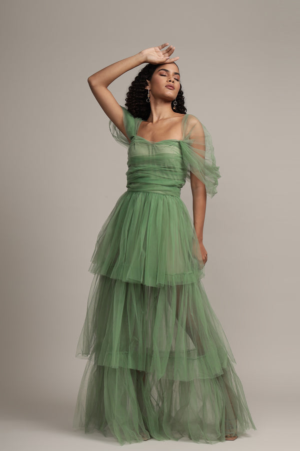 Lace & Beads Sydney Off Shoulder Tulle Maxi Dress In Dark Sage
