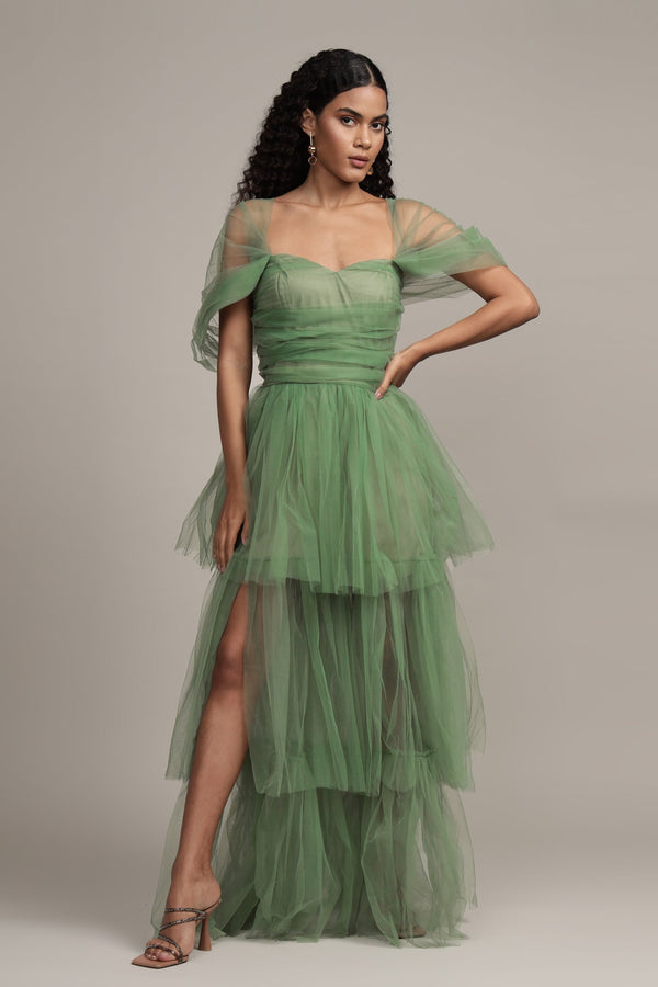 lace & beads Sydney Off Shoulder Tulle Maxi Dress in Dark Sage