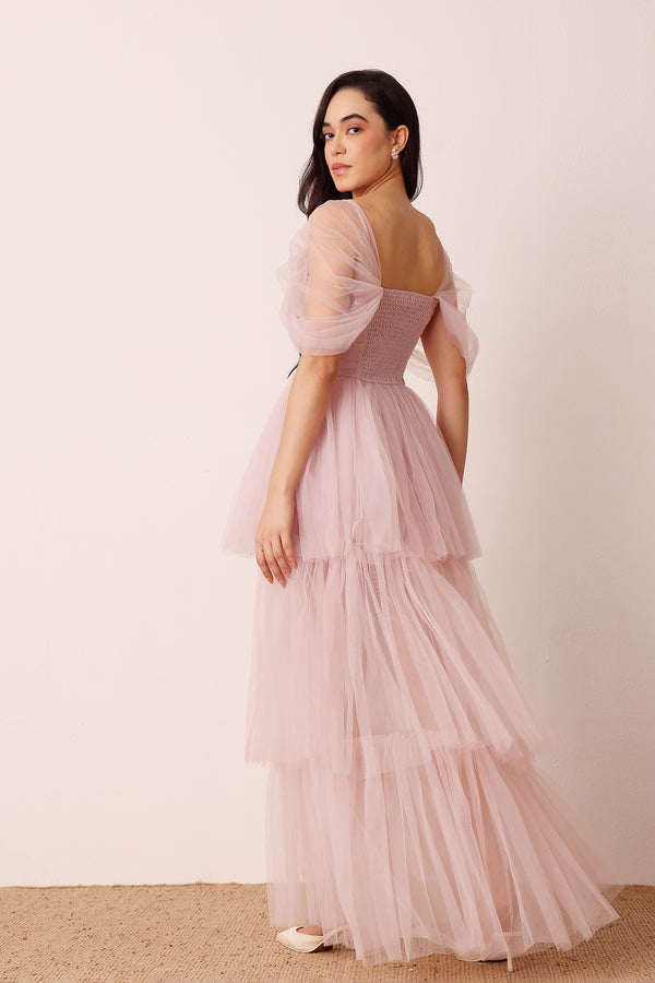 Lace & Beads Sydney Off Shoulder Tulle Maxi Dress In Dusty Pink