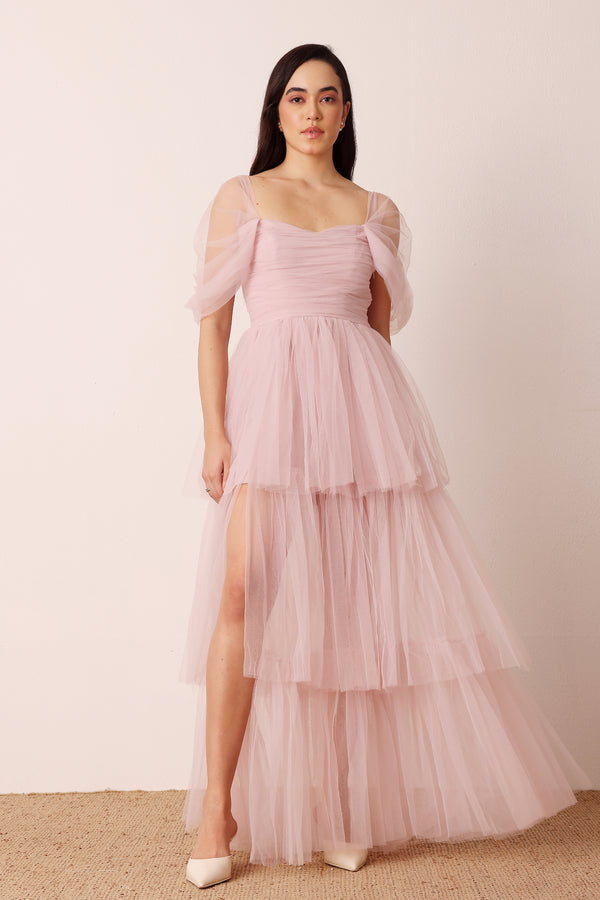 lace & beads Sydney Off Shoulder Tulle Maxi Dress in Dusty Pink
