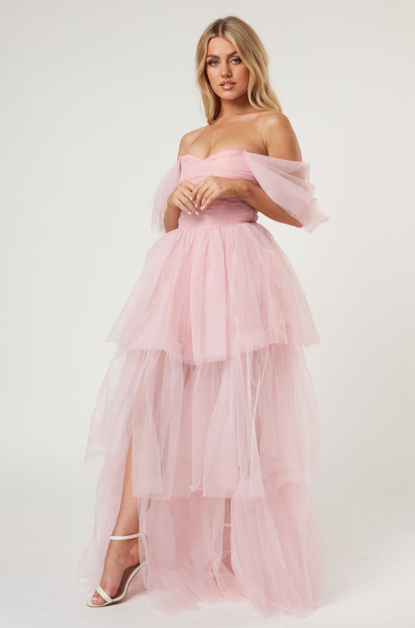 Lace & Beads Sydney Off Shoulder Tulle Maxi Dress In Powder Pink
