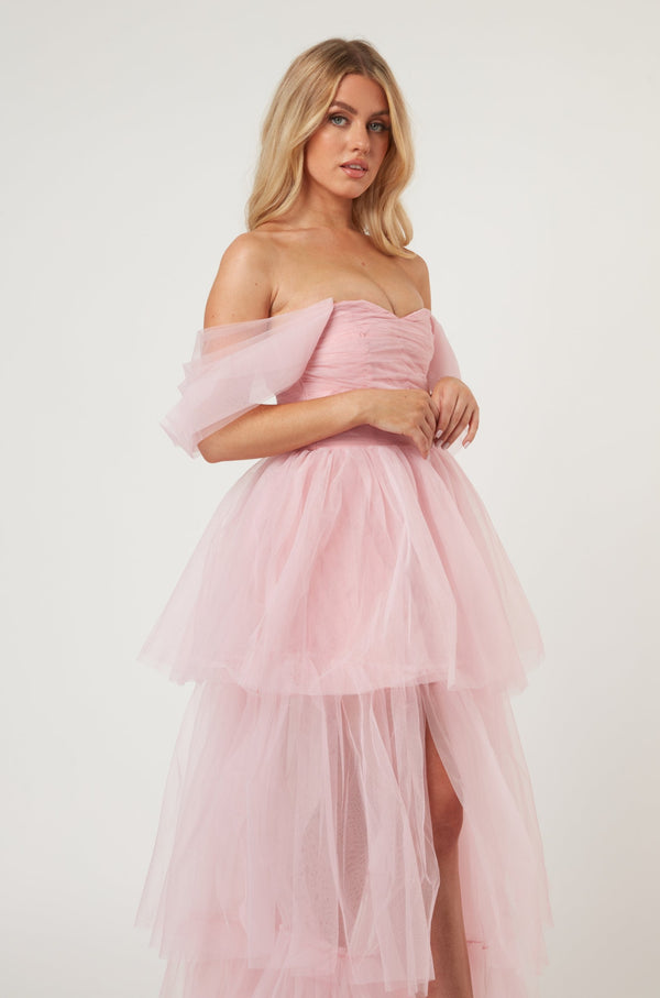Lace & Beads Sydney Off Shoulder Tulle Maxi Dress In Powder Pink