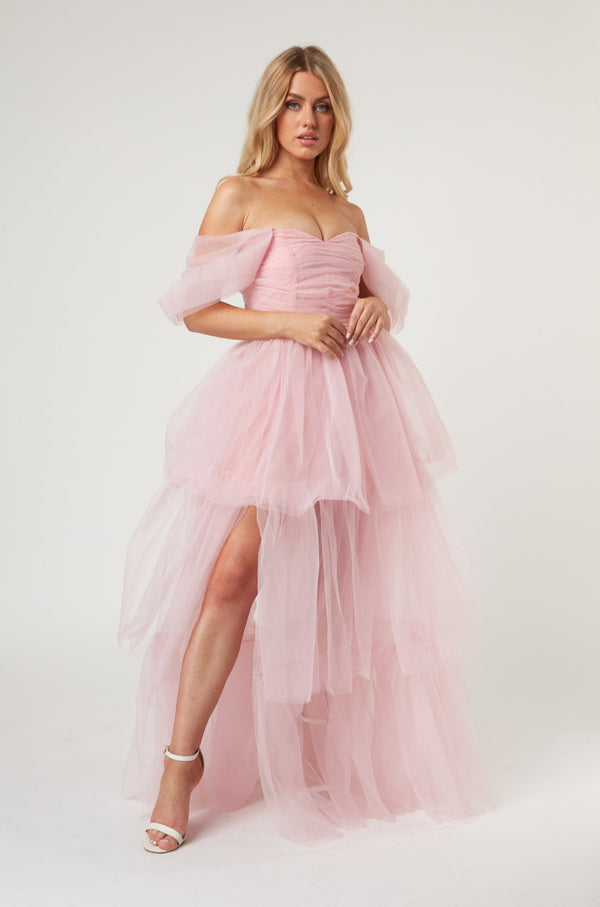 lace & beads Sydney Off Shoulder Tulle Maxi Dress in Powder Pink