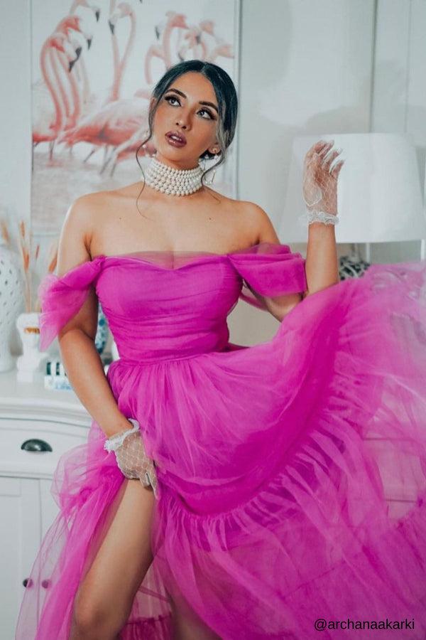 lace & beads Sydney Off Shoulder Tulle Maxi Dress in Vivid Purple