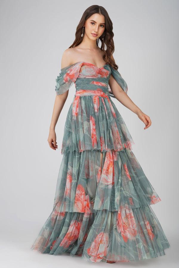 Lace & Beads Sydney Tulle Maxi Dress In Sage Green Floral
