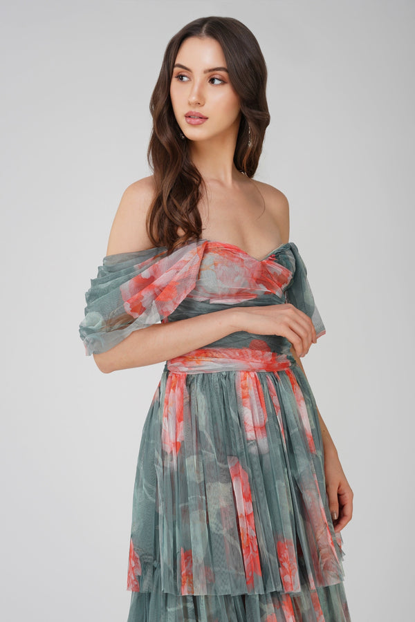 Lace & Beads Sydney Tulle Maxi Dress In Sage Green Floral