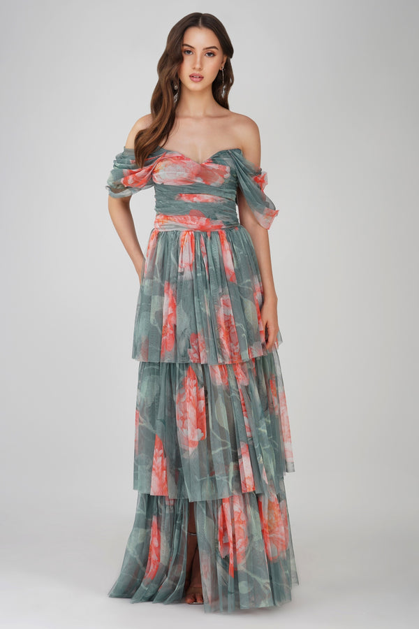 lace & beads Sydney Tulle Maxi Dress in Sage Green Floral