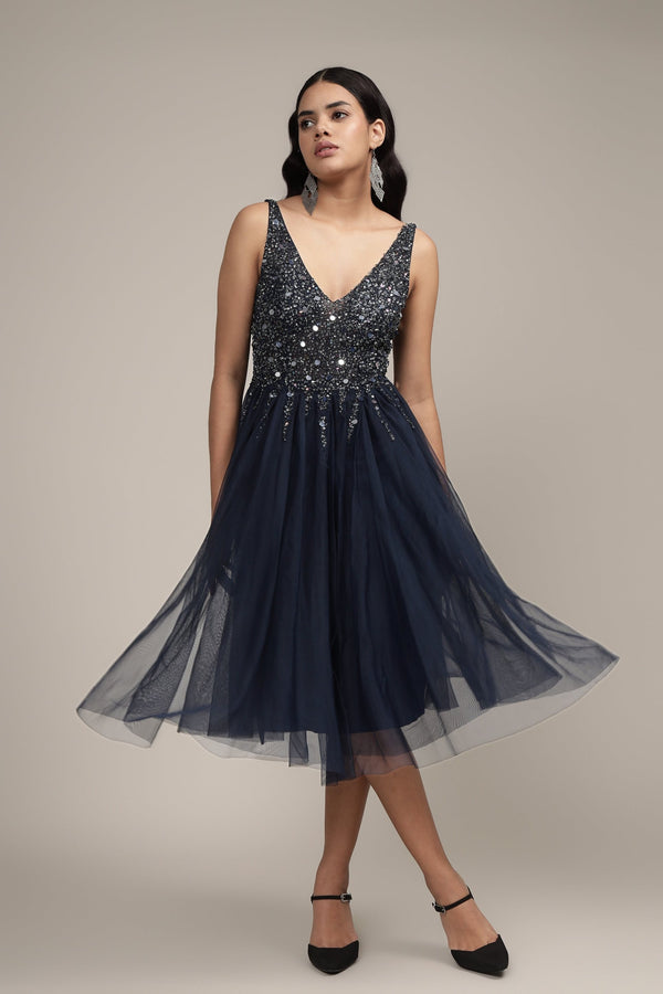 Lace & Beads Symphony Dark Blue Embellished Midi Dress