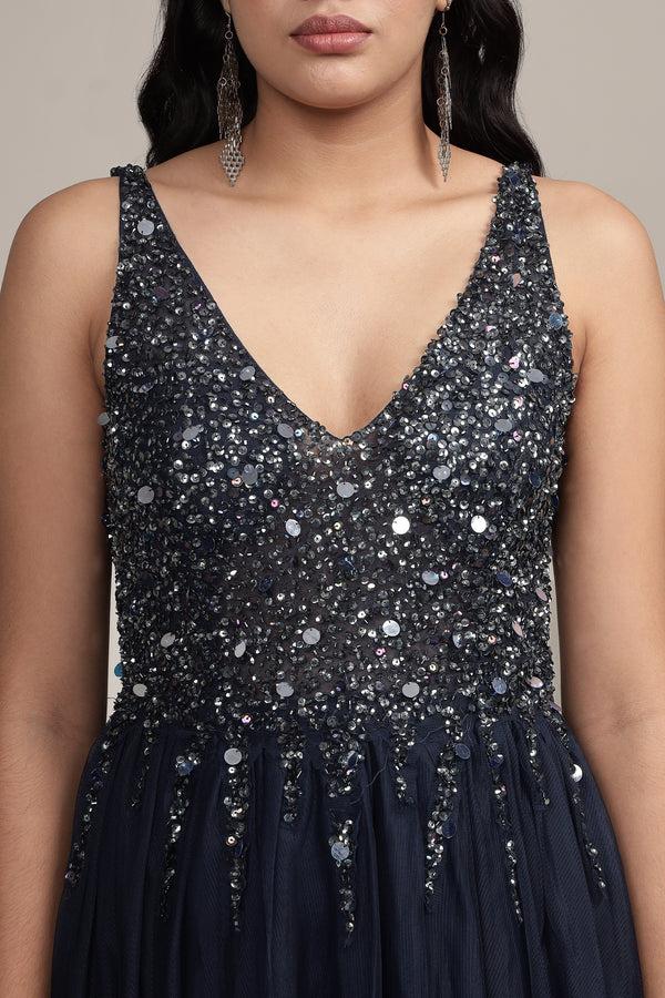 Lace & Beads Symphony Dark Blue Embellished Midi Dress