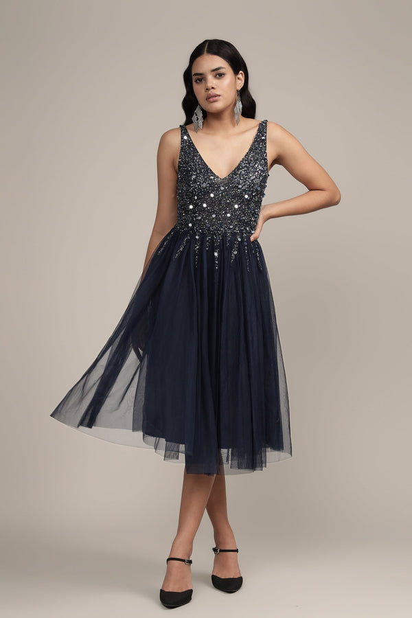 lace & beads Symphony Dark Blue Embellished Midi Dress