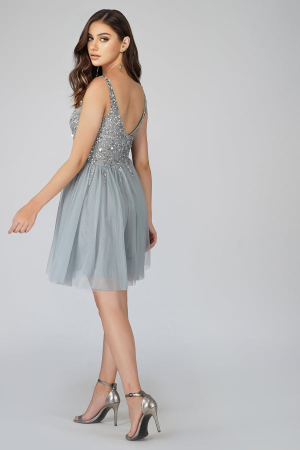 Lace & Beads Symphony Light Grey Embellished Mini Dress