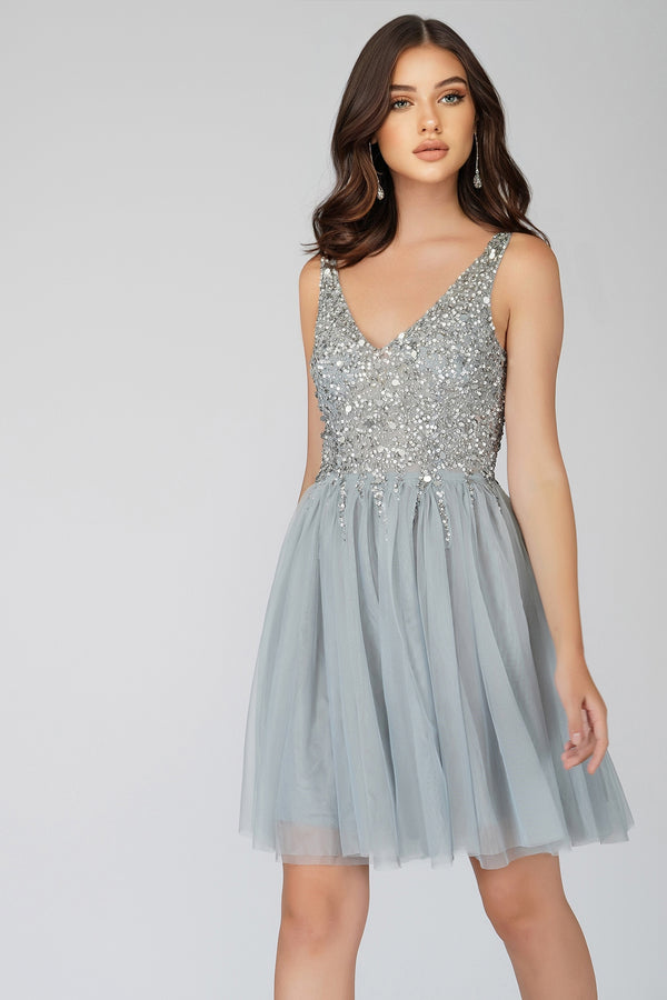 Lace & Beads Symphony Light Grey Embellished Mini Dress