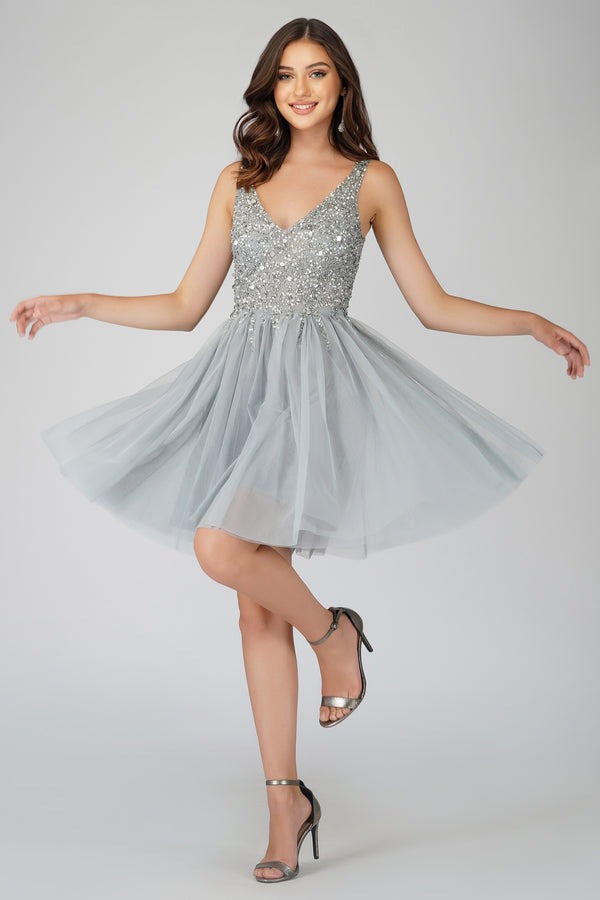 Lace & Beads Symphony Light Grey Embellished Mini Dress