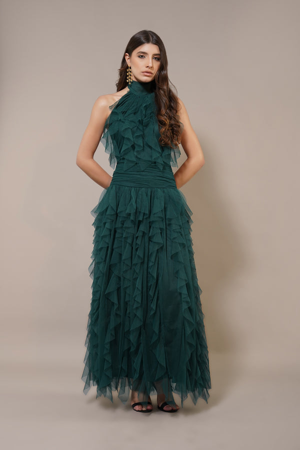 Lace & Beads Tabitha Maxi Ruffle Dress In Forest Green