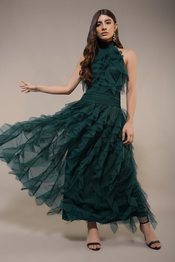 lace & beads Tabitha Maxi Ruffle Dress in Forest Green