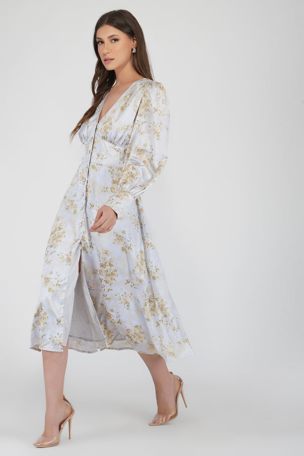 Lace & Beads Tessa Long Sleeve Satin Midi Dress In Champagne