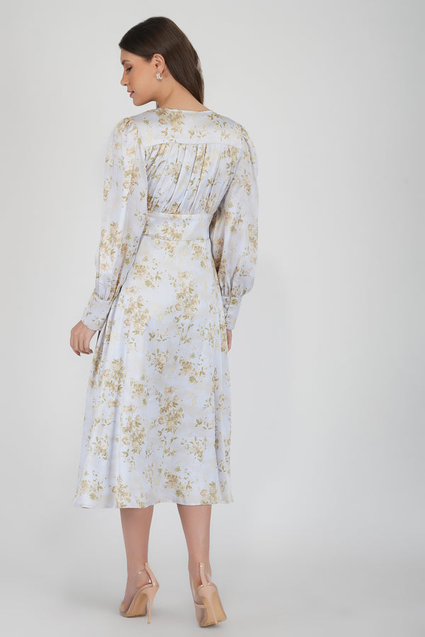 Lace & Beads Tessa Long Sleeve Satin Midi Dress In Champagne