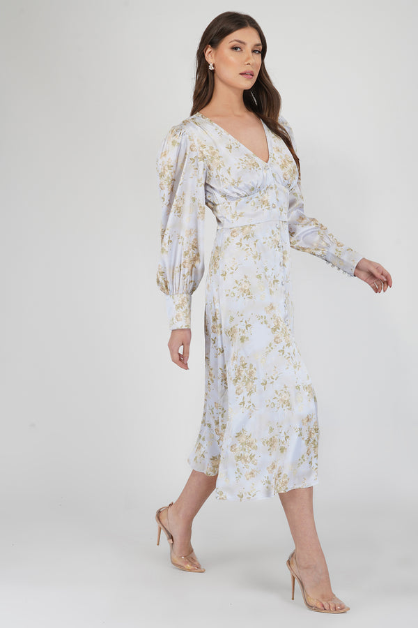 Lace & Beads Tessa Long Sleeve Satin Midi Dress In Champagne