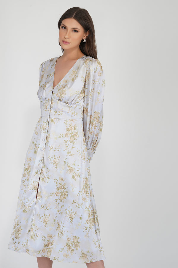 lace & beads Tessa Long Sleeve Satin Midi Dress in Champagne