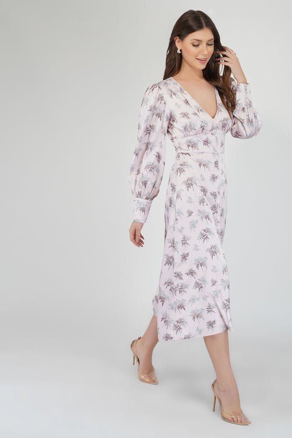 Lace & Beads Tessa Long Sleeve Satin Midi Dress In Pink