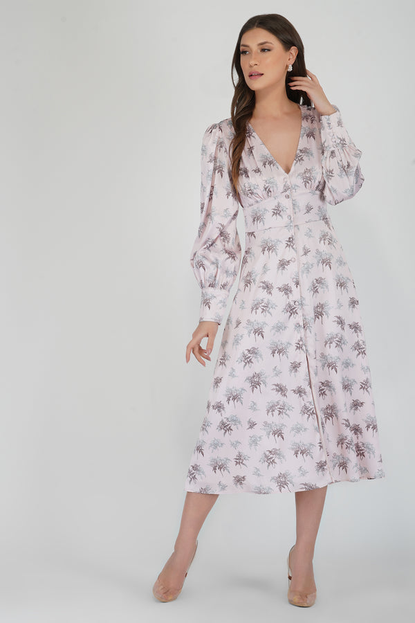 Lace & Beads Tessa Long Sleeve Satin Midi Dress In Pink