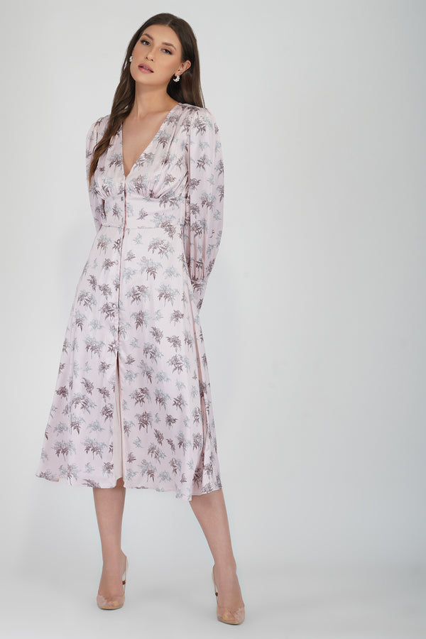 Lace & Beads Tessa Long Sleeve Satin Midi Dress In Pink