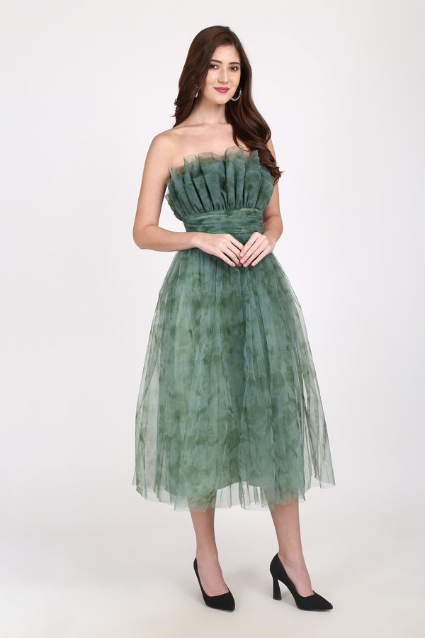 Lace & Beads Veriry Tulle Midi Dress In Green Floral Print