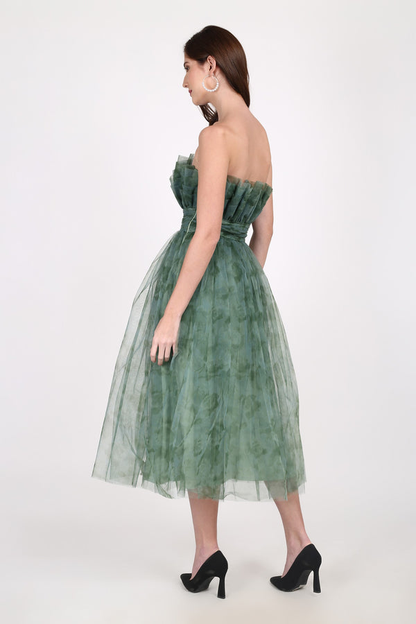 Lace & Beads Veriry Tulle Midi Dress In Green Floral Print