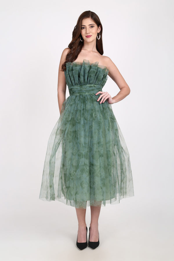 lace & beads Veriry Tulle Midi Dress in Green Floral Print