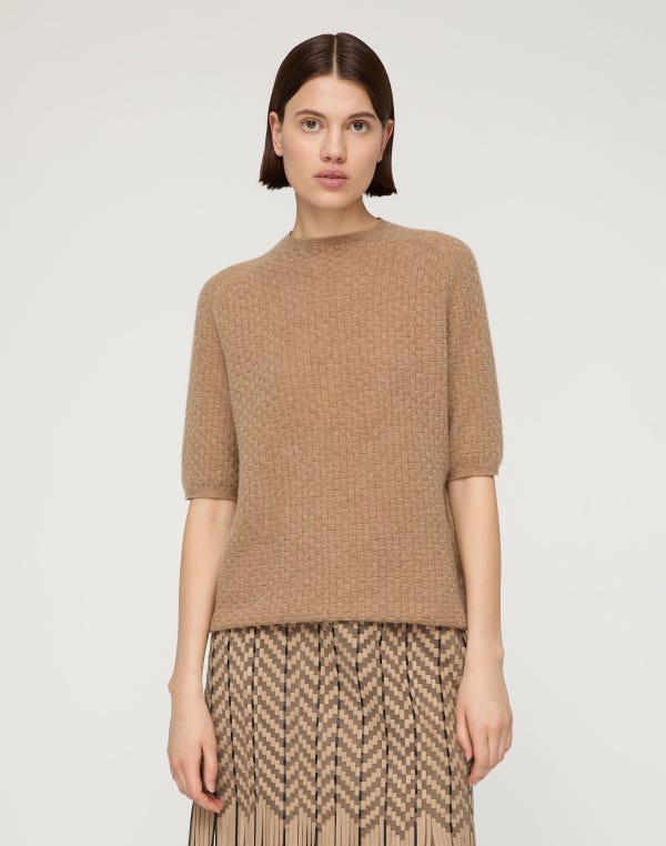 Lafayette148 Cashmere Basket Stitch Short Sleeve Sweater