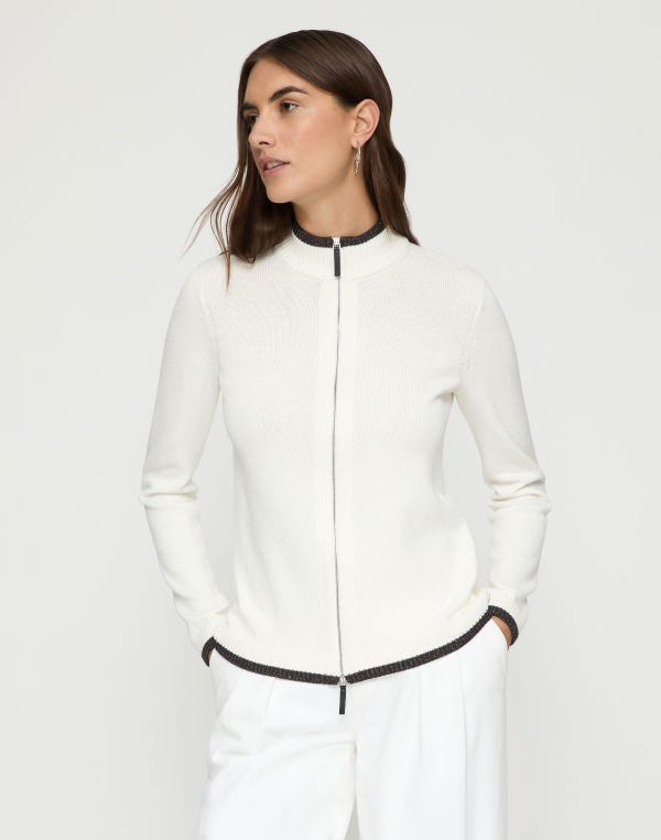 Lafayette148 Cotton-Silk Tape Tipped Stand Collar Cardigan