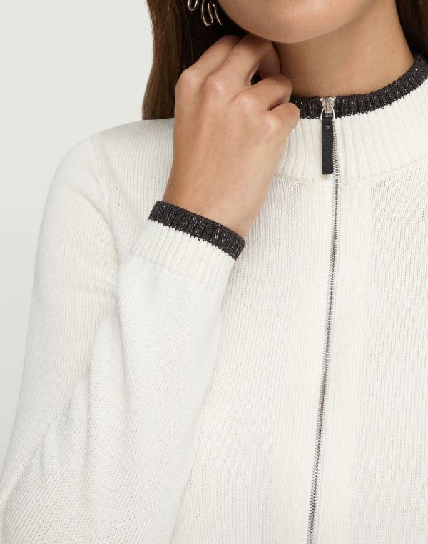 Lafayette148 Cotton-Silk Tape Tipped Stand Collar Cardigan