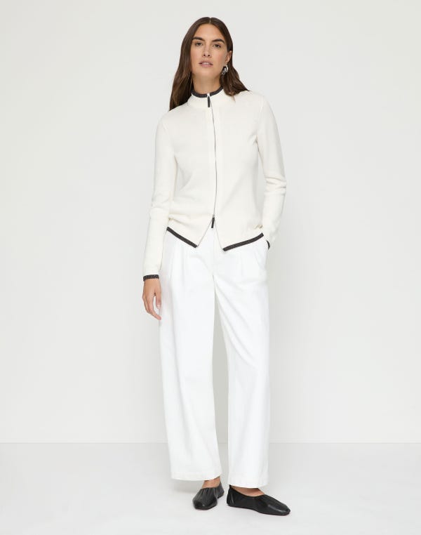 Lafayette148 Cotton-Silk Tape Tipped Stand Collar Cardigan