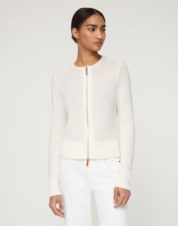 Lafayette148 Cotton-Silk Textured Stitch Zip Front Cardigan