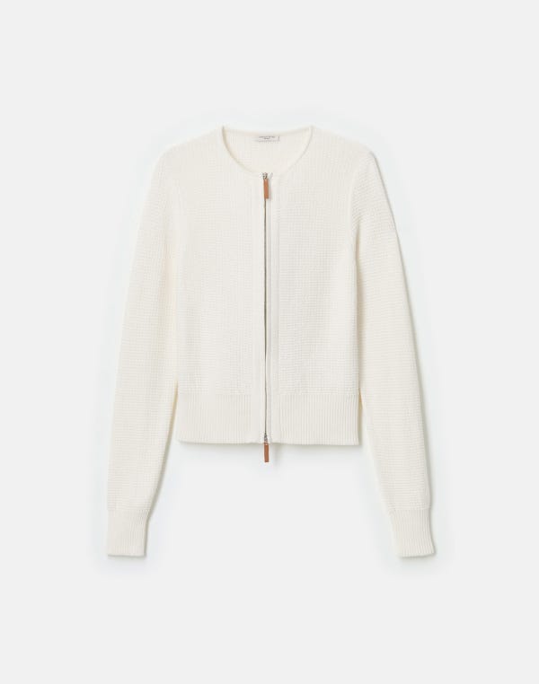 lafayette148 Cotton-Silk Textured Stitch Zip Front Cardigan