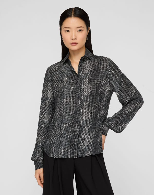 Lafayette148 Diffused Houndstooth Print Silk Chiffon Blouse