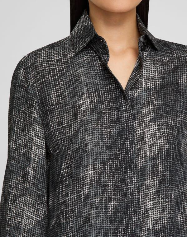 Lafayette148 Diffused Houndstooth Print Silk Chiffon Blouse