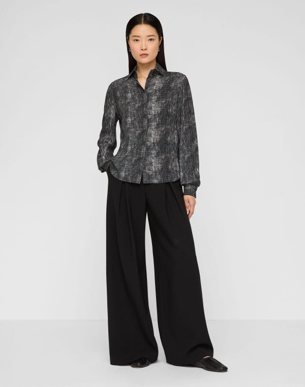 Lafayette148 Diffused Houndstooth Print Silk Chiffon Blouse