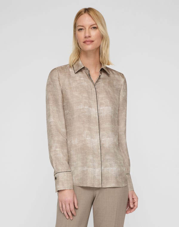 Lafayette148 Diffused Houndstooth Print Silk Twill Button Blouse
