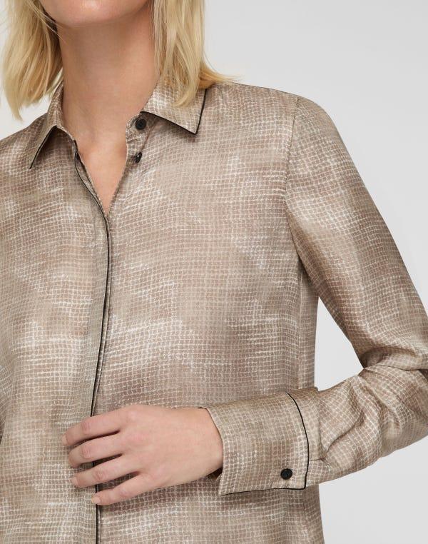 Lafayette148 Diffused Houndstooth Print Silk Twill Button Blouse